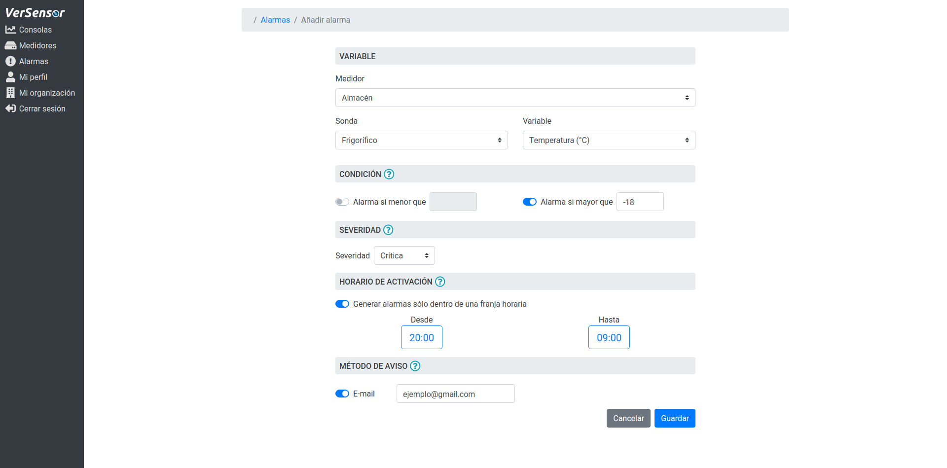 Configuración de alarmas